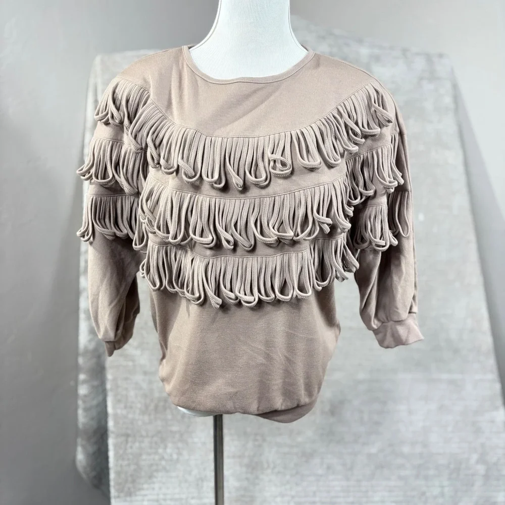 Vintage 1989 Bonnie and Bill Looped Fringe Sweatshirt Taupe Mauve Medium NWT